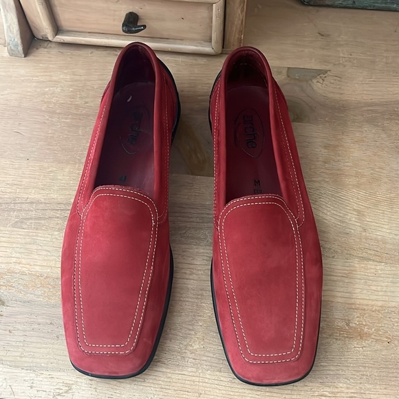 Arche Red Nubuck Leather Flats Loafers Size 8 Contrast Stitching - Picture 2 of 11